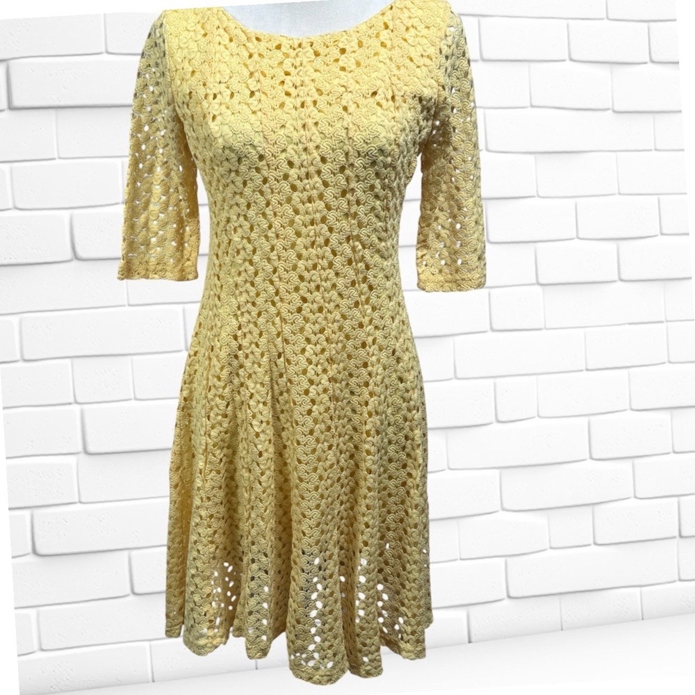 Rabbit Rabbit Rabbit Designs Yellow Crochet Lace Fit and Flare Dress 3/4β Sleeve